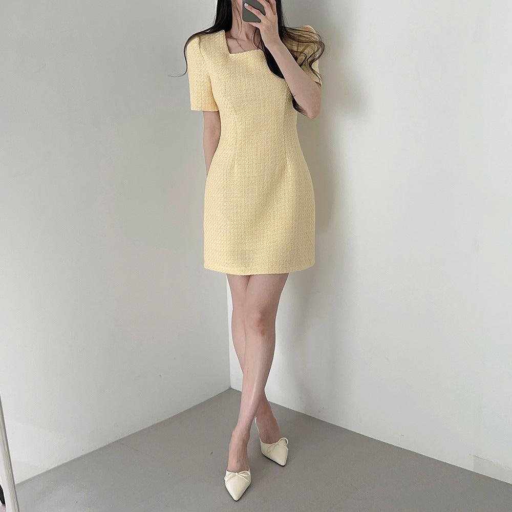 New Design Sense Niche Classic Style Square Collar Short Sleeve Waist Slimming Square Collar Dress Women - Nioor