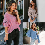 New Fashion Solid Color Long Sleeve V-neck Loose Casual Sweater - Nioor