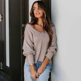 New Fashion Solid Color Long Sleeve V-neck Loose Casual Sweater - Nioor