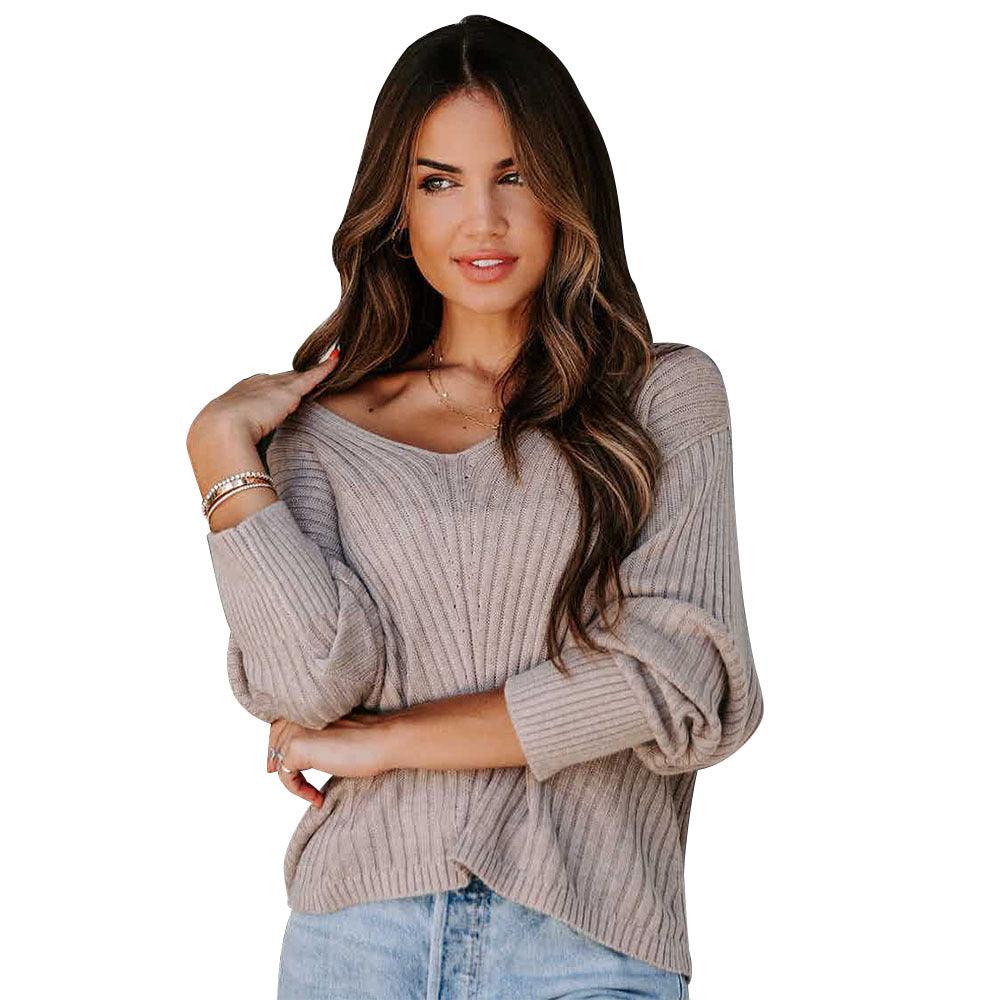 New Fashion Solid Color Long Sleeve V-neck Loose Casual Sweater - Nioor