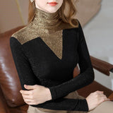 New High Neck Bottoming Shirt Women's Stitching Contrast Color - Nioor