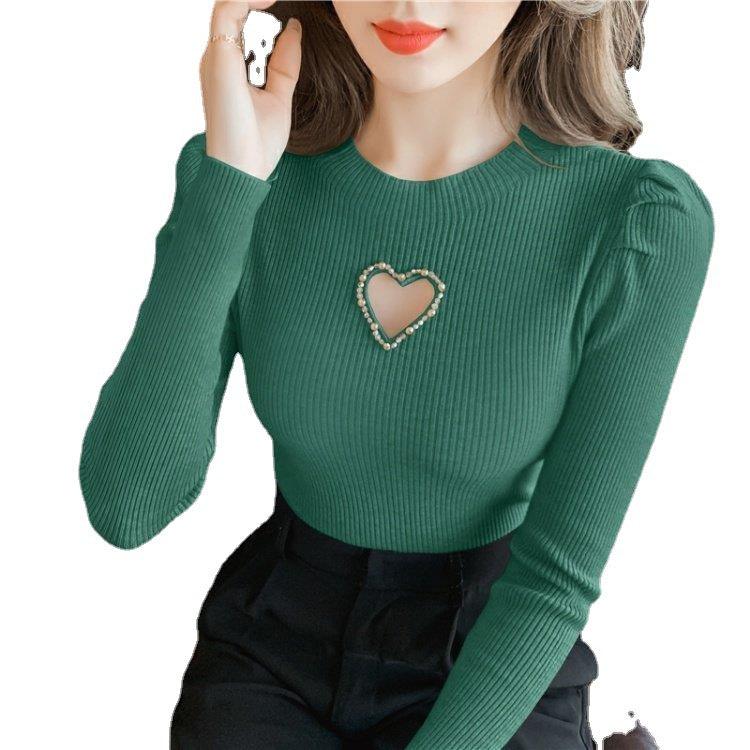 New Hollow Heart Beaded Knitted Bottom Shirt For Women - Nioor