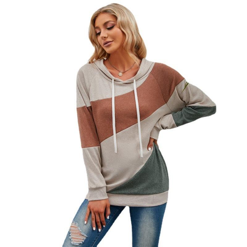 New Ins Personality Contrast Panel Loose Hooded Sweatshirt - Nioor