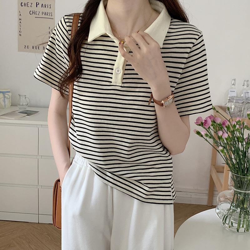 New Korean Style Cotton Yarn-dyed Weaving Strip Shoulder Striped Short Sleeve - Nioor