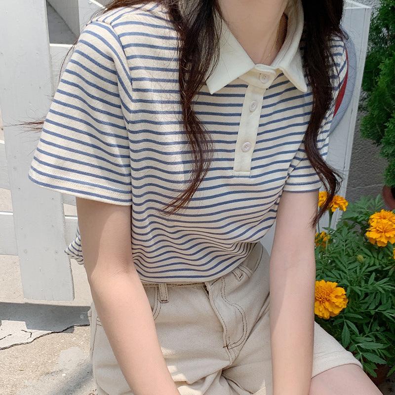 New Korean Style Cotton Yarn-dyed Weaving Strip Shoulder Striped Short Sleeve - Nioor