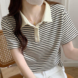 New Korean Style Cotton Yarn-dyed Weaving Strip Shoulder Striped Short Sleeve - Nioor