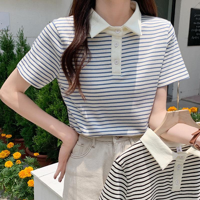 New Korean Style Cotton Yarn-dyed Weaving Strip Shoulder Striped Short Sleeve - Nioor