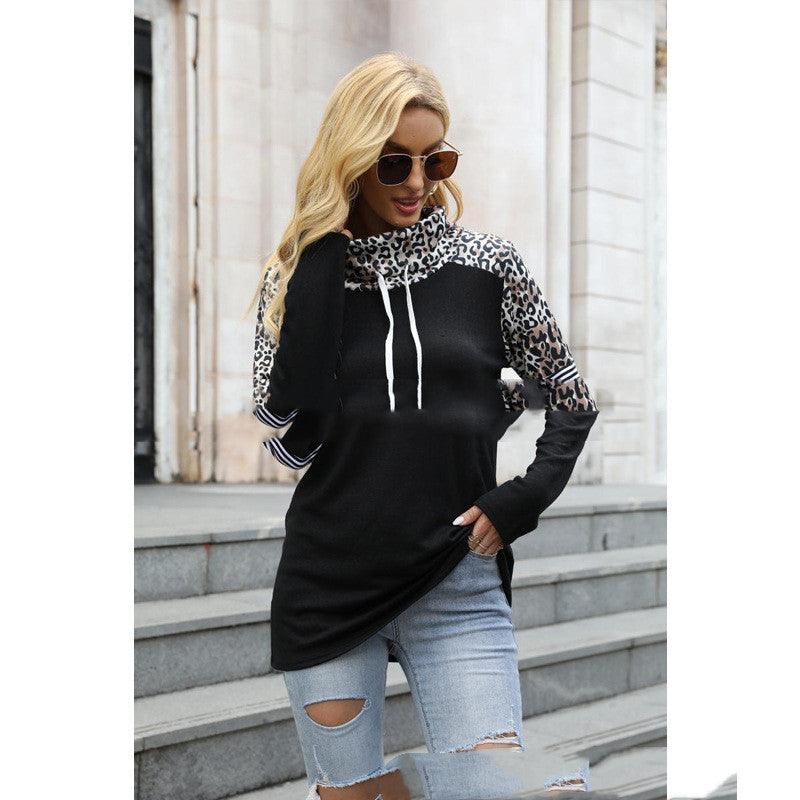 New Leopard Color Contrast High Neck Long Sleeve Sweatshirt - Nioor