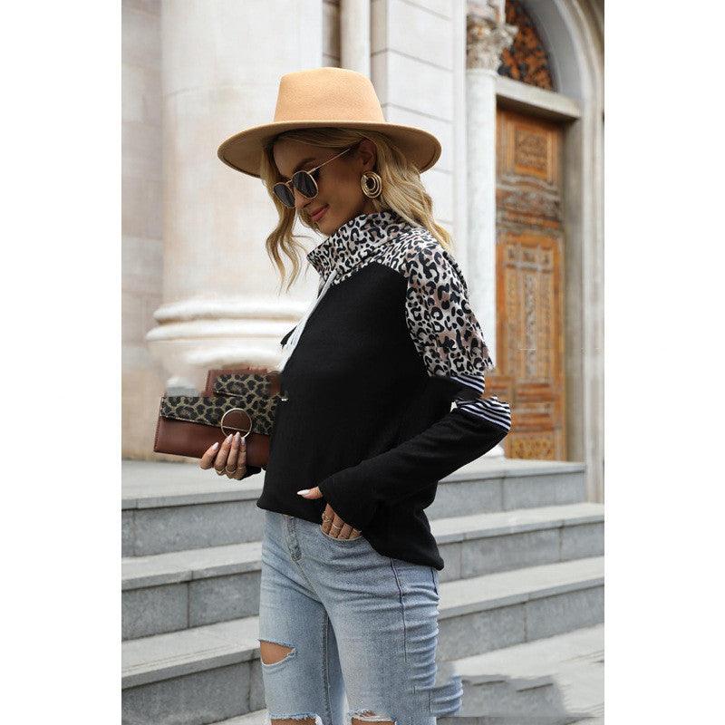 New Leopard Color Contrast High Neck Long Sleeve Sweatshirt - Nioor