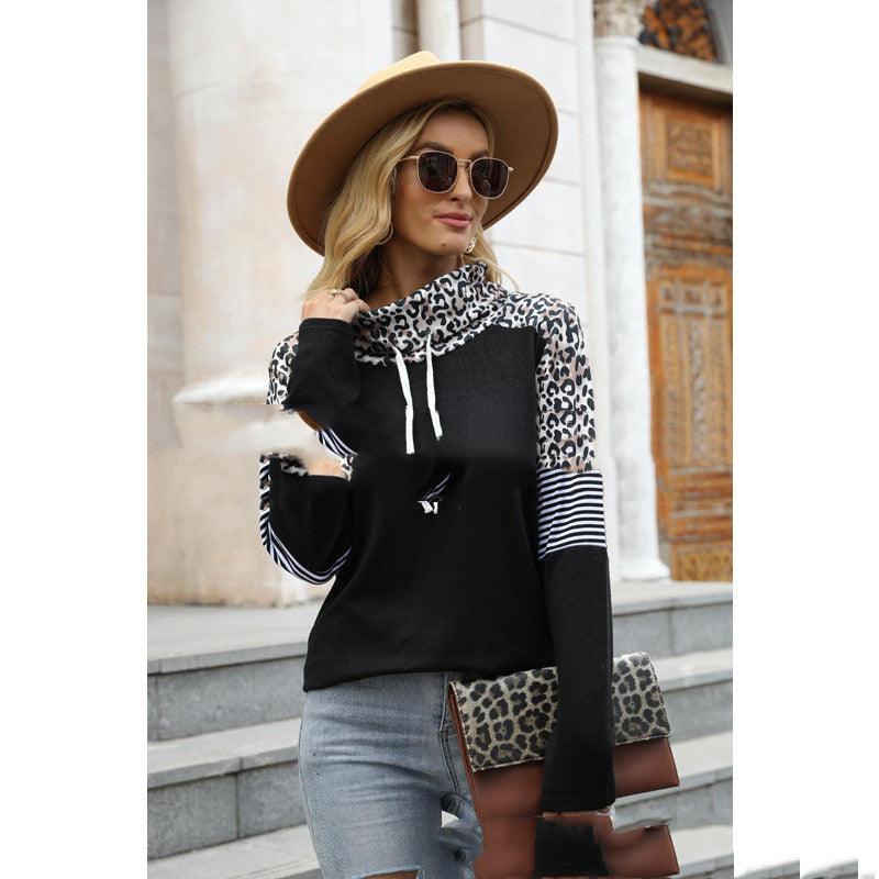 New Leopard Color Contrast High Neck Long Sleeve Sweatshirt - Nioor