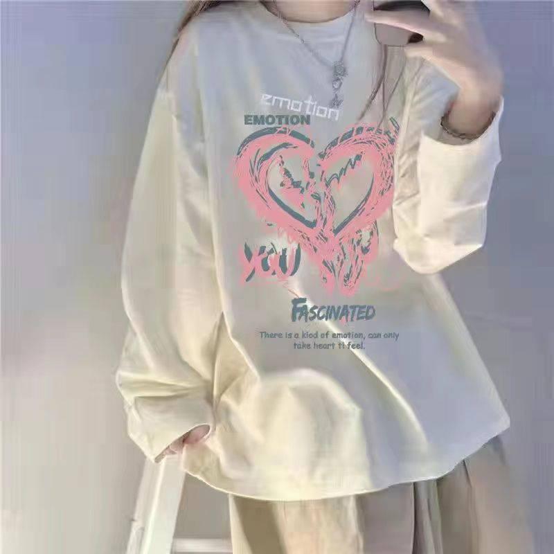 New Personalized Printed Loose And Versatile Long Sleeved T-shirt For Women - Nioor