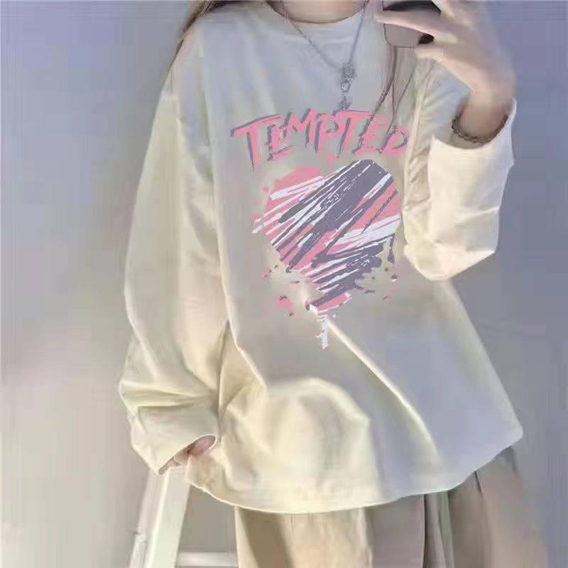 New Personalized Printed Loose And Versatile Long Sleeved T-shirt For Women - Nioor