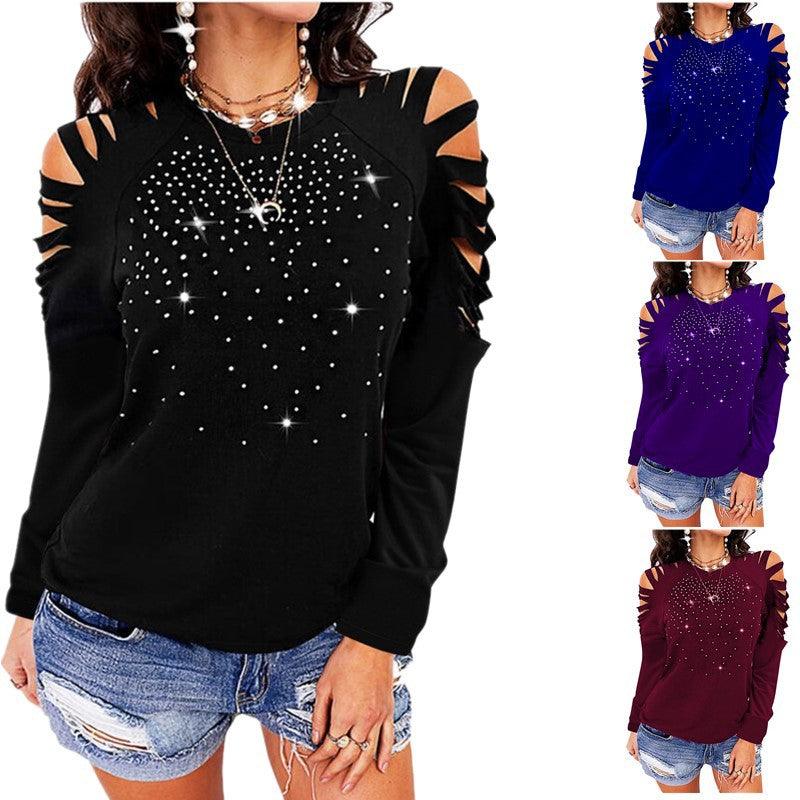 New Round Neck Hot Drill Hollow Long-sleeved T-shirt - Nioor