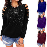 New Round Neck Hot Drill Hollow Long-sleeved T-shirt - Nioor