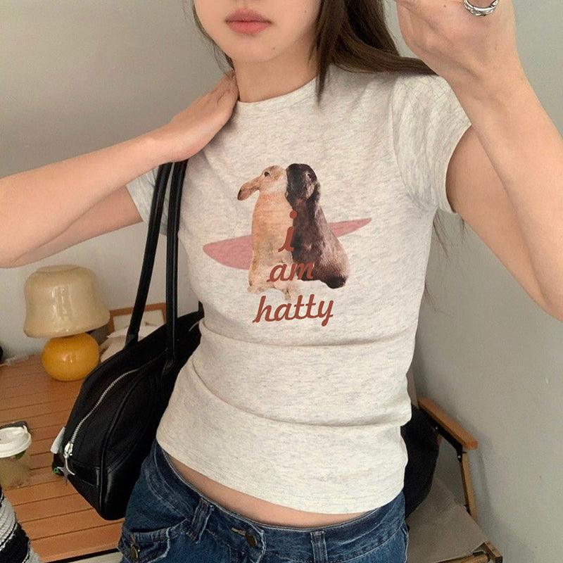 New Simple Cute Rabbit Printed Short-sleeved T-shirt Women's Short Basic Pullover Round Neck Base Cropped Top - Nioor