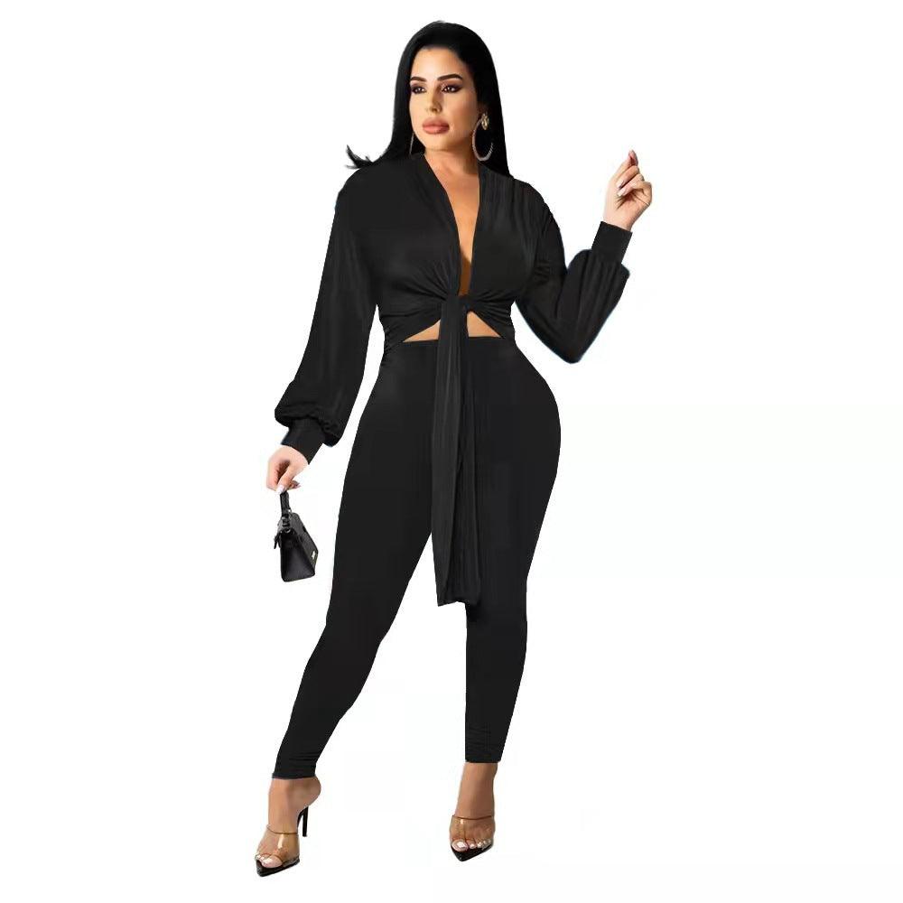 New Solid Color Tie Long Sleeve Women's Two-piece Set - Nioor