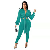 New Solid Color Tie Long Sleeve Women's Two-piece Set - Nioor