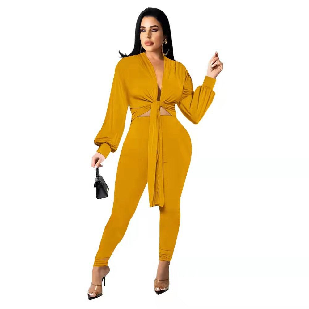 New Solid Color Tie Long Sleeve Women's Two-piece Set - Nioor