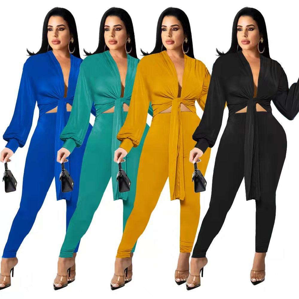 New Solid Color Tie Long Sleeve Women's Two-piece Set - Nioor