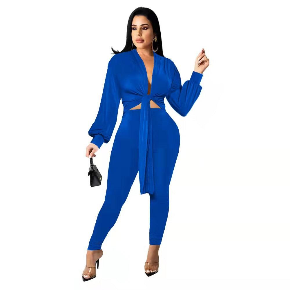 New Solid Color Tie Long Sleeve Women's Two-piece Set - Nioor