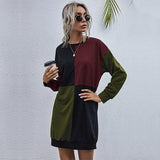 New Splicing Long Sleeve Round Neck Color Contrast Pullover Dress For Women - Nioor