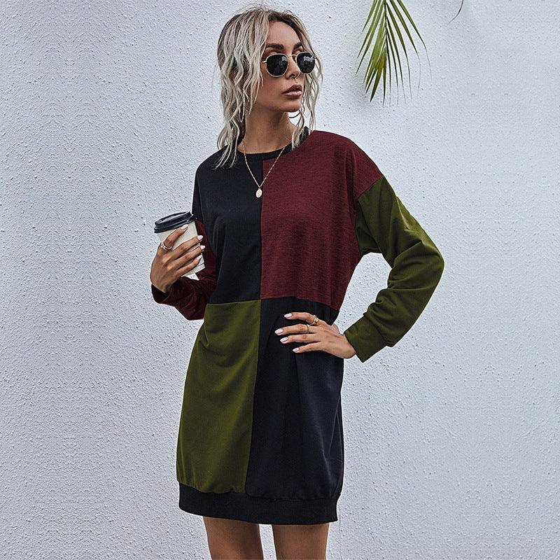 New Splicing Long Sleeve Round Neck Color Contrast Pullover Dress For Women - Nioor