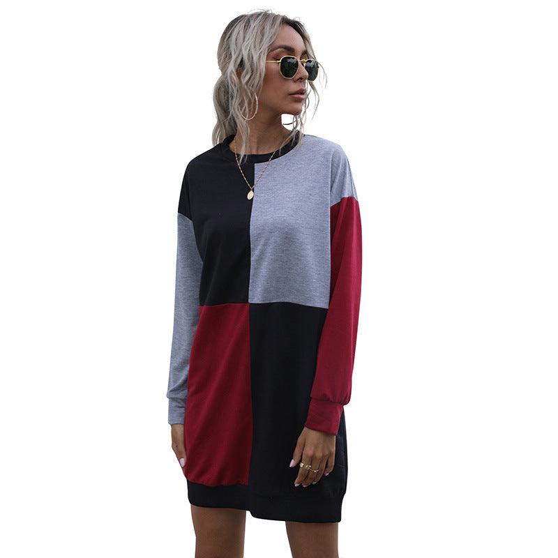 New Splicing Long Sleeve Round Neck Color Contrast Pullover Dress For Women - Nioor