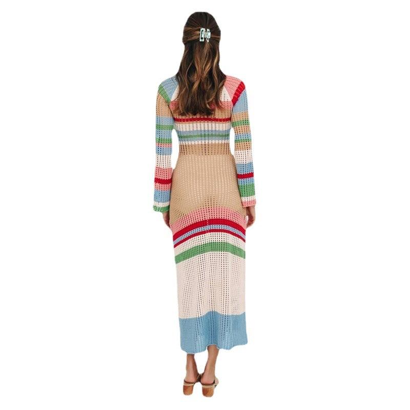 New Striped Colored Pullover Knitted Beach Bikini Blouse Long Dress - Nioor