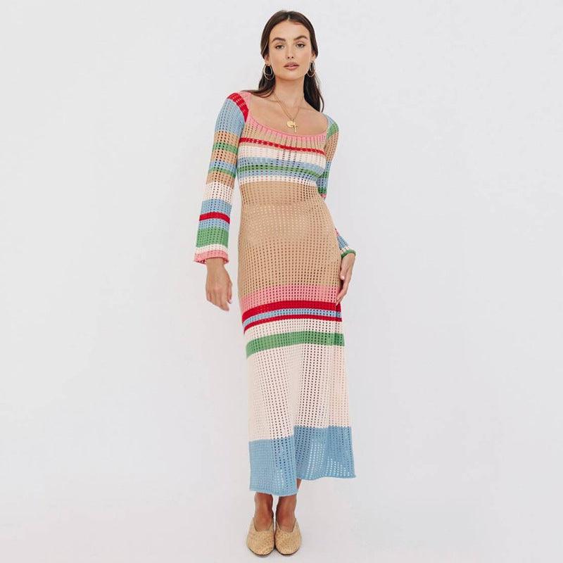 New Striped Colored Pullover Knitted Beach Bikini Blouse Long Dress - Nioor