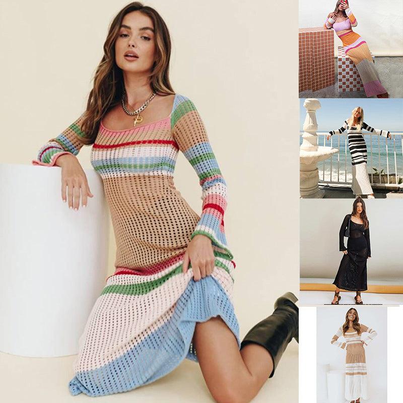 New Striped Colored Pullover Knitted Beach Bikini Blouse Long Dress - Nioor