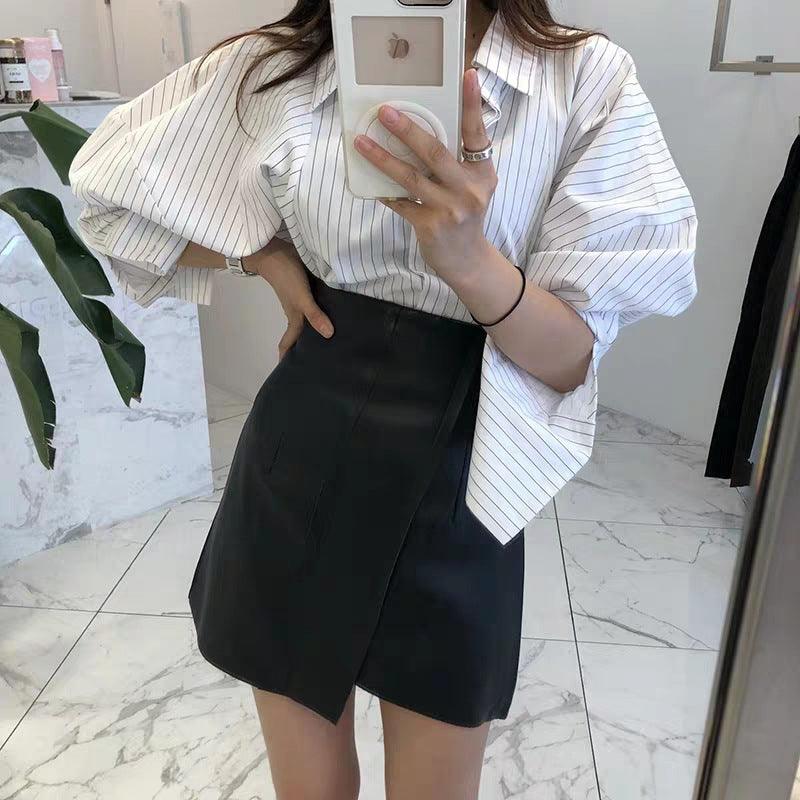 New Summer Women's Leather Skirt Pu Leather Black White High Waist - Nioor