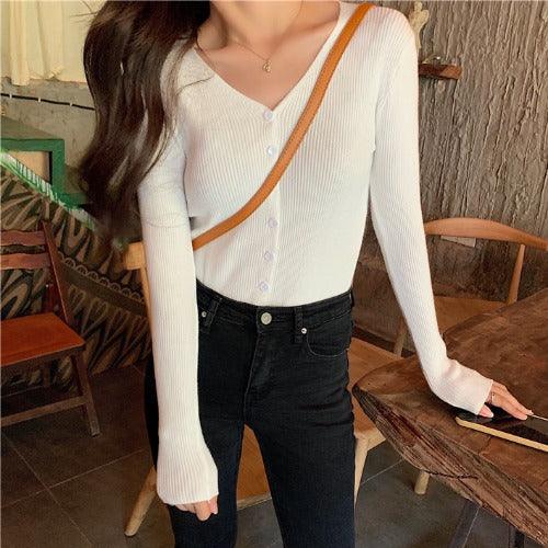 New V-neck Single-breasted Solid Color Bottom Knit For Women - Nioor