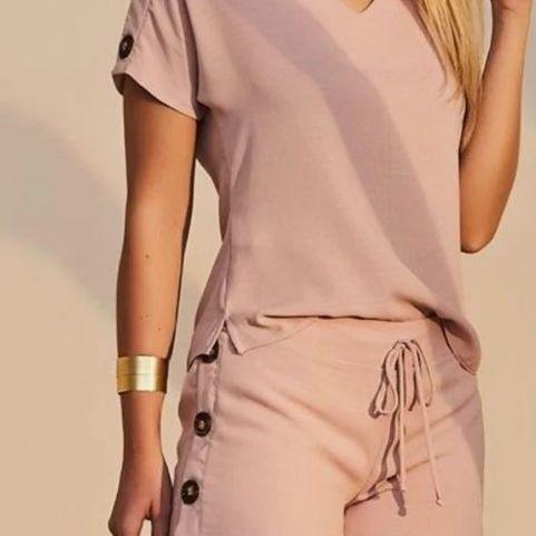 New V-neck Solid Color Casual Shorts Two-piece Suit Sleeping - Nioor