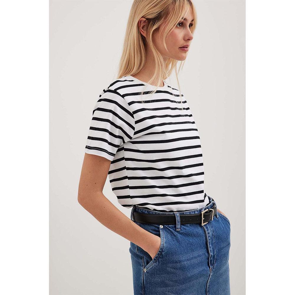 New Versatile Simple Loose Cotton Crew Neck Striped T-shirt Short Sleeve - Nioor