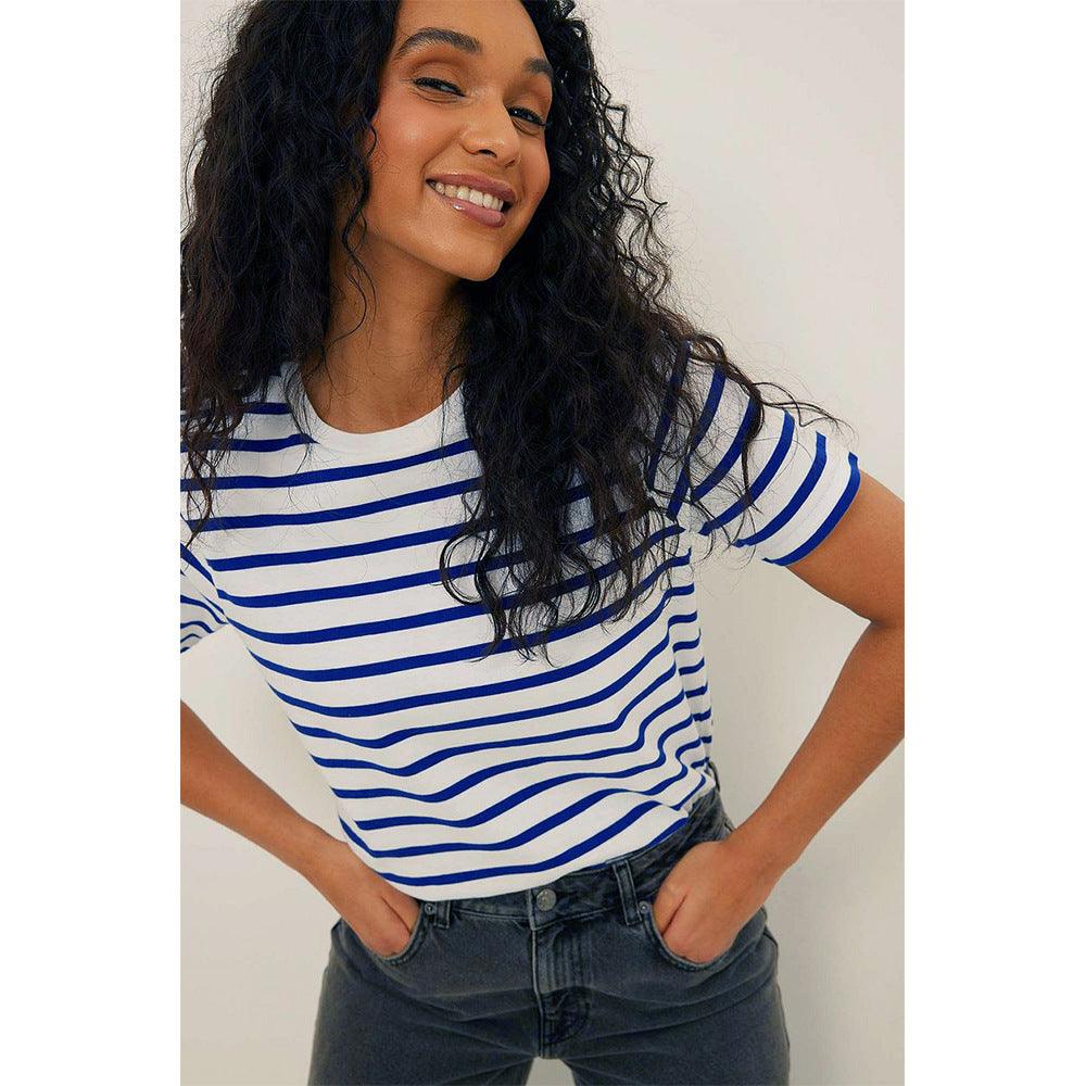 New Versatile Simple Loose Cotton Crew Neck Striped T-shirt Short Sleeve - Nioor