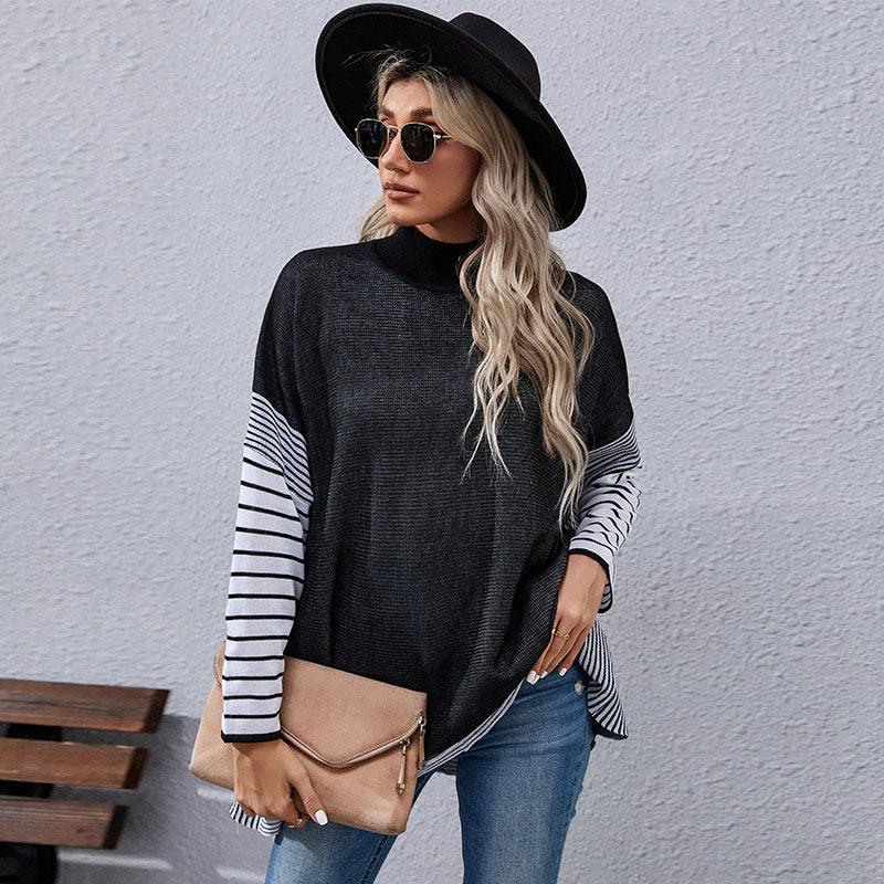 New Women's Bat Sleeve Stripe Half High Neck Sweater - Nioor