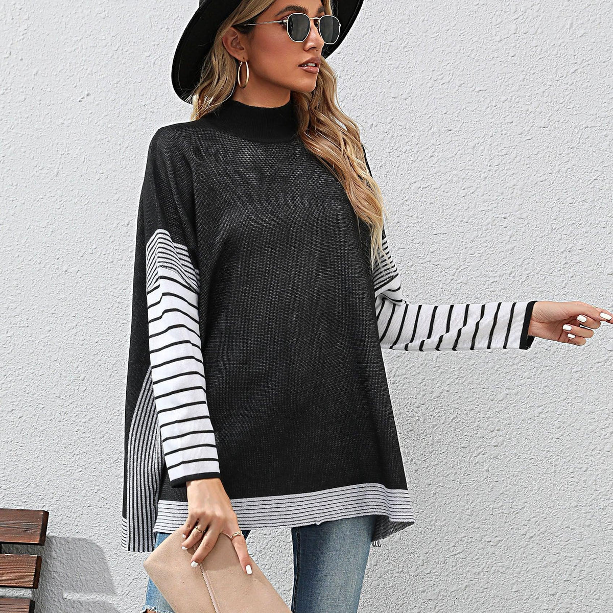 New Women's Bat Sleeve Stripe Half High Neck Sweater - Nioor