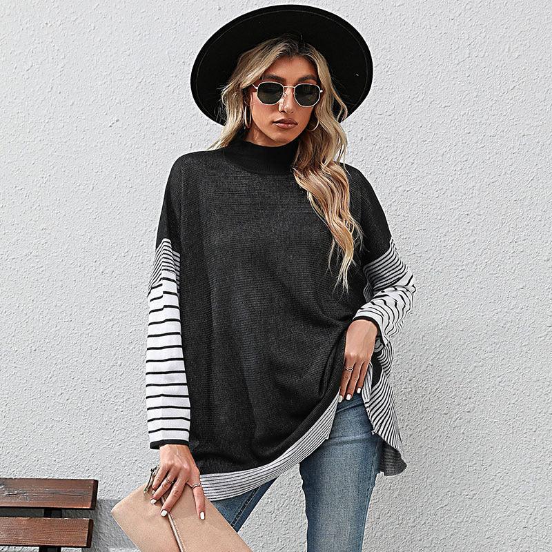 New Women's Bat Sleeve Stripe Half High Neck Sweater - Nioor