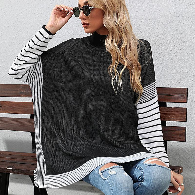 New Women's Bat Sleeve Stripe Half High Neck Sweater - Nioor