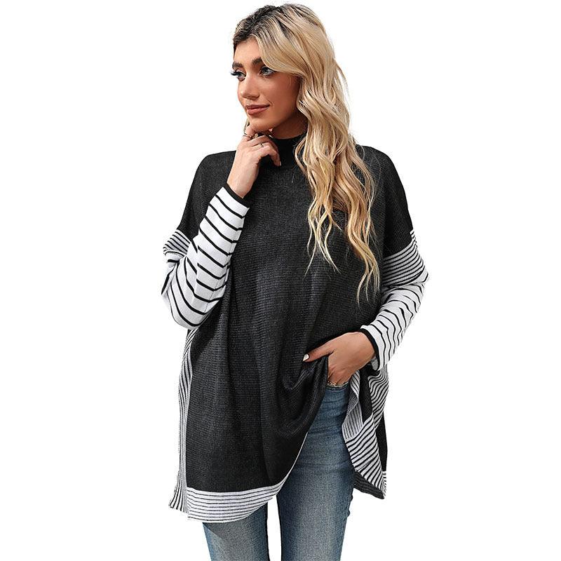 New Women's Bat Sleeve Stripe Half High Neck Sweater - Nioor