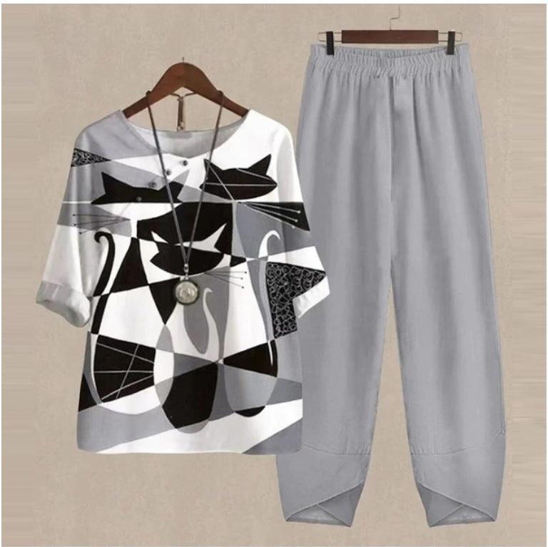 New Women's Five-quarter Sleeve Printed Top Two-piece Pants - Nioor