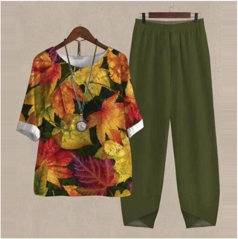 New Women's Five-quarter Sleeve Printed Top Two-piece Pants - Nioor