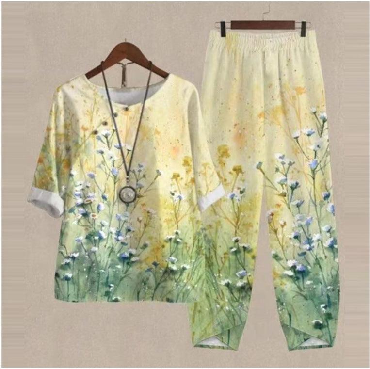 New Women's Five-quarter Sleeve Printed Top Two-piece Pants - Nioor