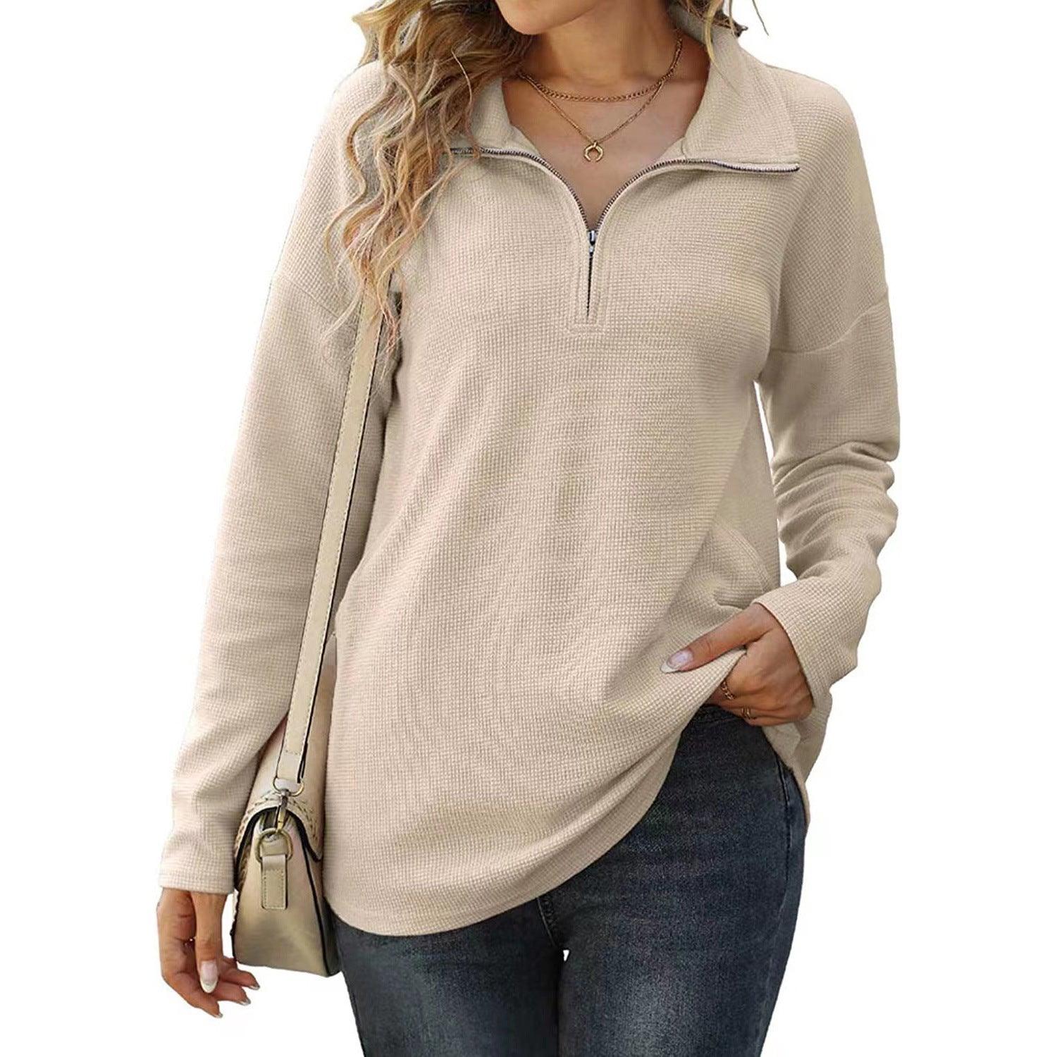 New Women's Loose Zip Pocket Knitwear Long Sleeve T-shirt Top - Nioor