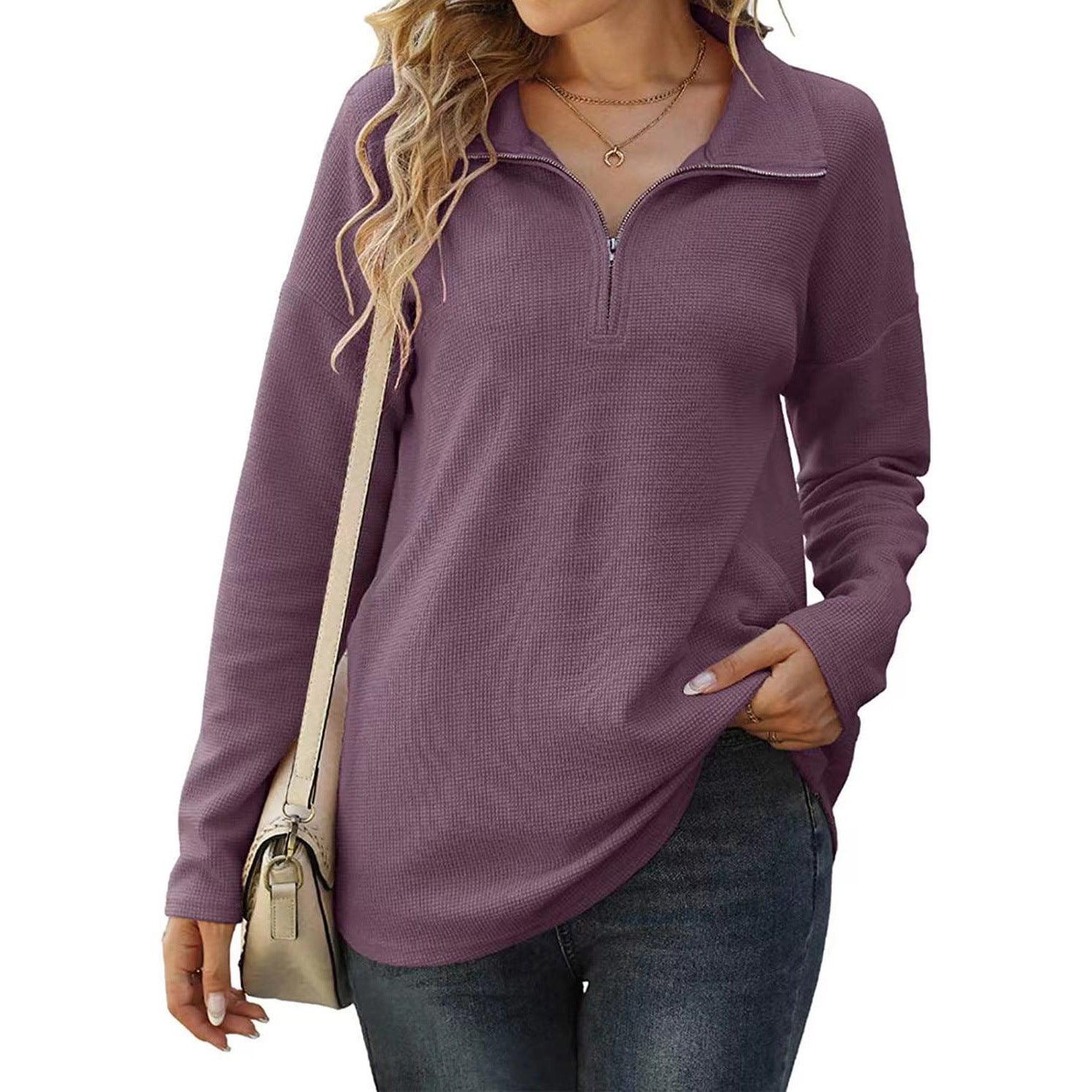 New Women's Loose Zip Pocket Knitwear Long Sleeve T-shirt Top - Nioor