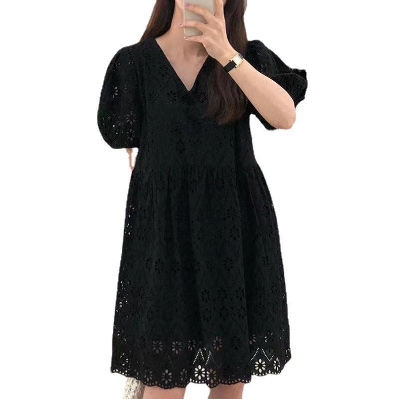 Niche V-neck Hollow Crocheted Waist-tight Slimming Puff Sleeve Dress - Nioor