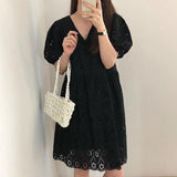 Niche V-neck Hollow Crocheted Waist-tight Slimming Puff Sleeve Dress - Nioor