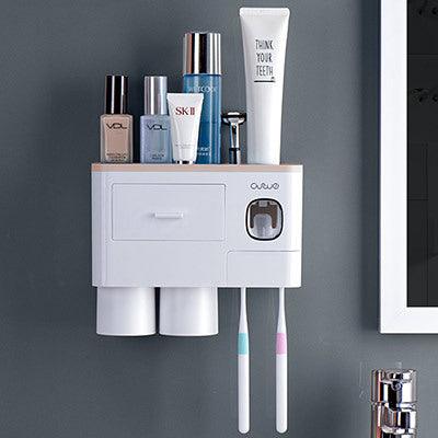 Non-marking Hanging Magnetic Toothbrush Holder Single Drawer Storage Rack With Toothpaste Squeezer Toiletry Set - Nioor