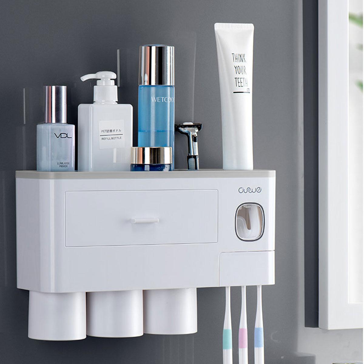 Non-marking Hanging Magnetic Toothbrush Holder Single Drawer Storage Rack With Toothpaste Squeezer Toiletry Set - Nioor