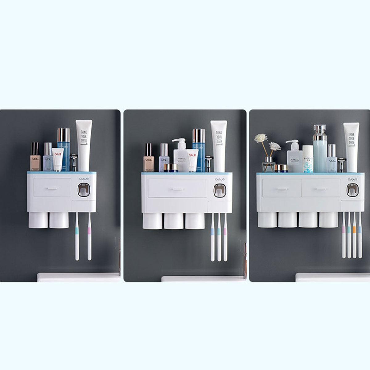 Non-marking Hanging Magnetic Toothbrush Holder Single Drawer Storage Rack With Toothpaste Squeezer Toiletry Set - Nioor